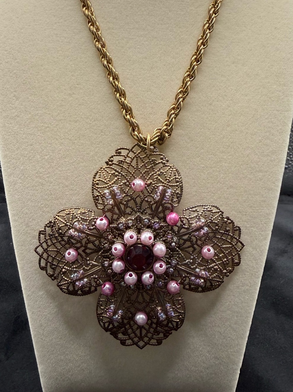 Gold Filigree Flower Pendant Necklace with Pink Accents